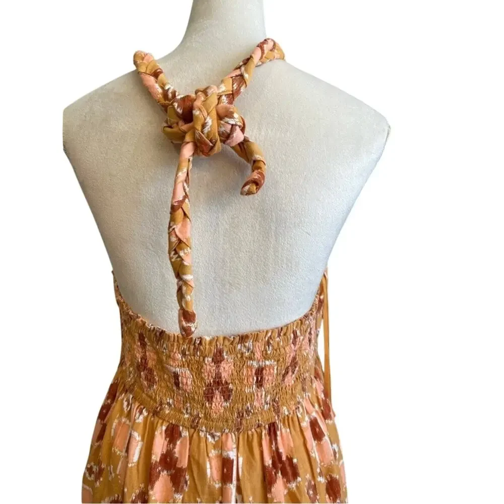 Aerie Linen Blend Braided Halter Maxi Dress Aztec Geometric Print Orange Size XL - Picture 4 of 5